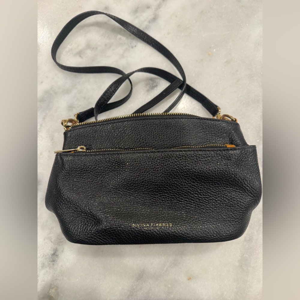Divina Firenze Black Pebbled Leather Crossbody Bag | Made in Italy | Double Zip